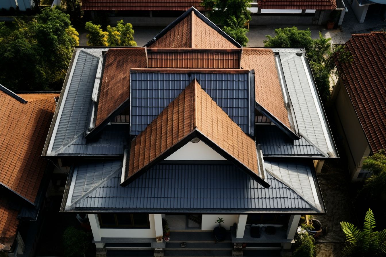 Close-up aerial photo of a house with various roofing materials.