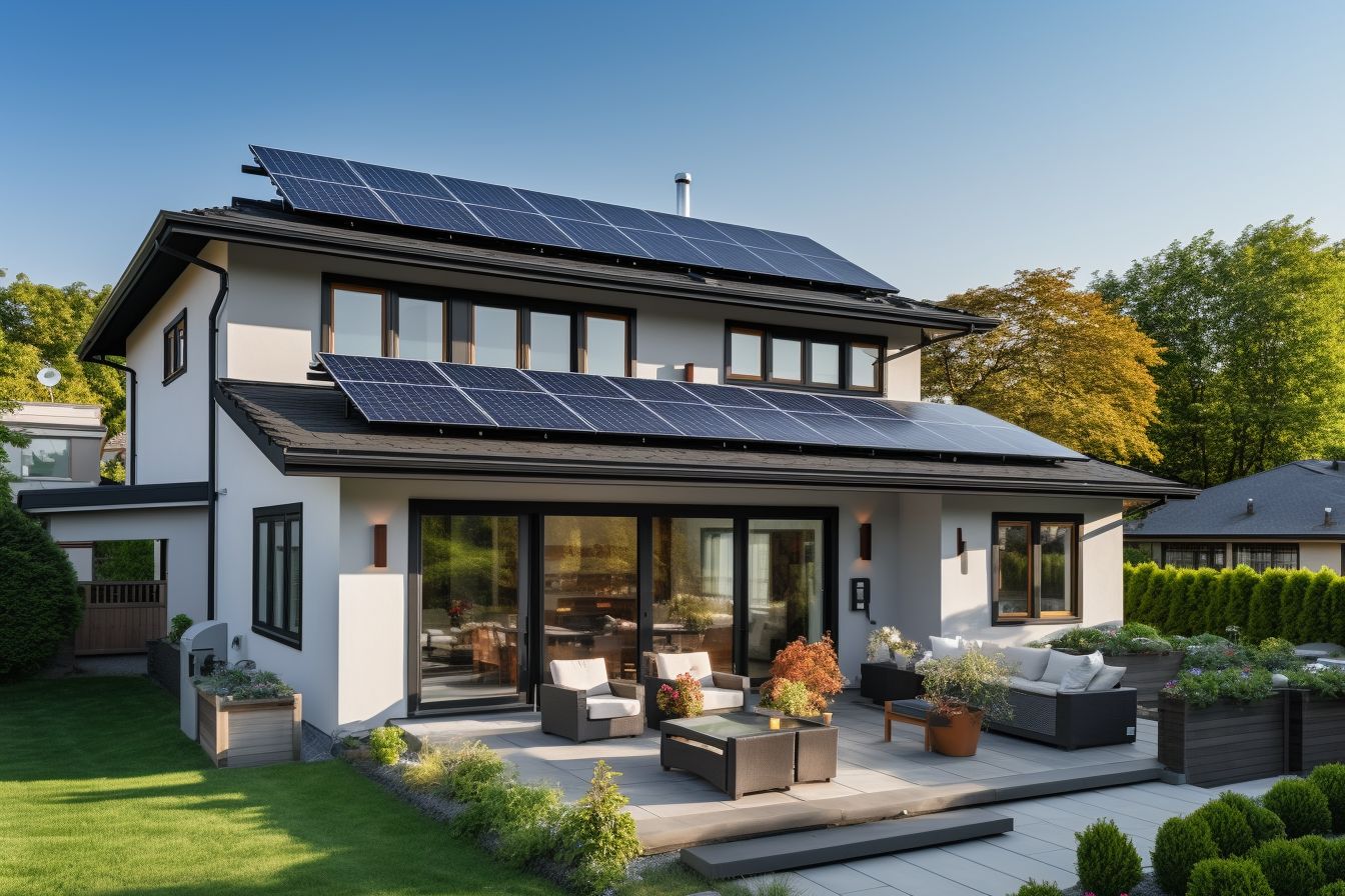 A modern suburban house with solar panels, showcasing energy efficiency.