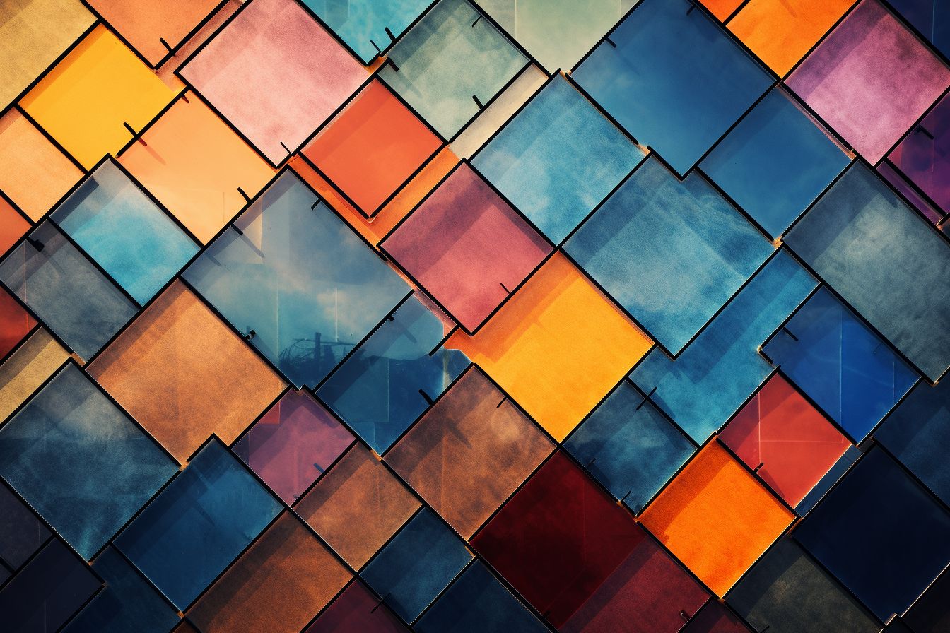 A rooftop with solar panels and colorful reflective tiles.