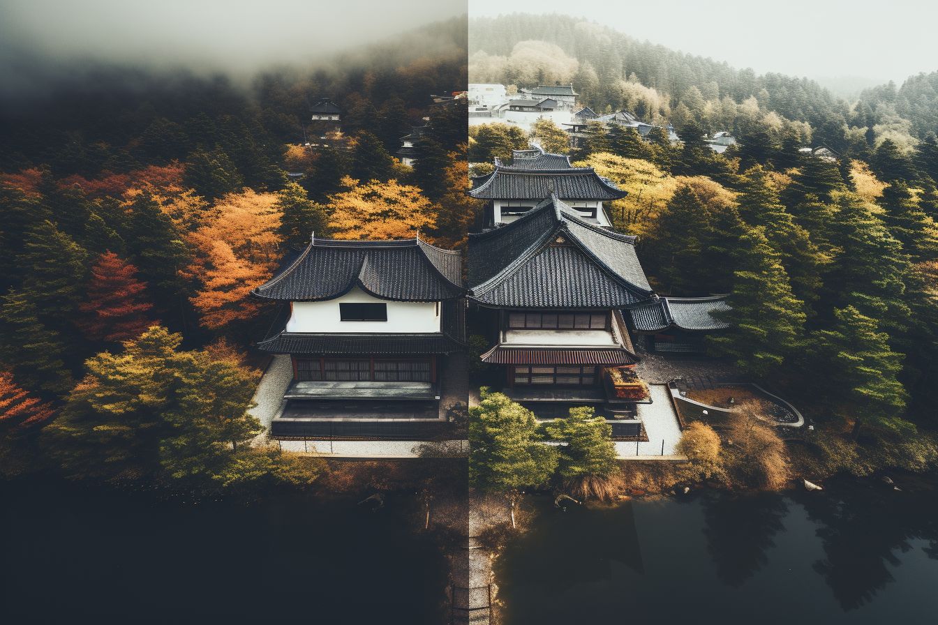 A split-screen aerial view of two houses, one with a dark roof and one with a light roof.