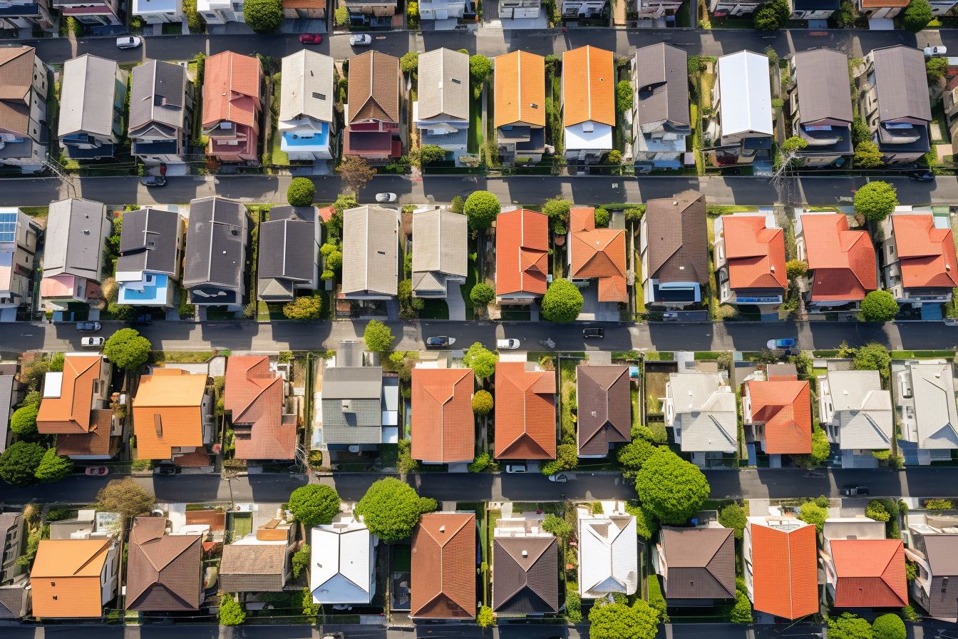 Aerial view of a suburban neighborhood with diverse roof colors.