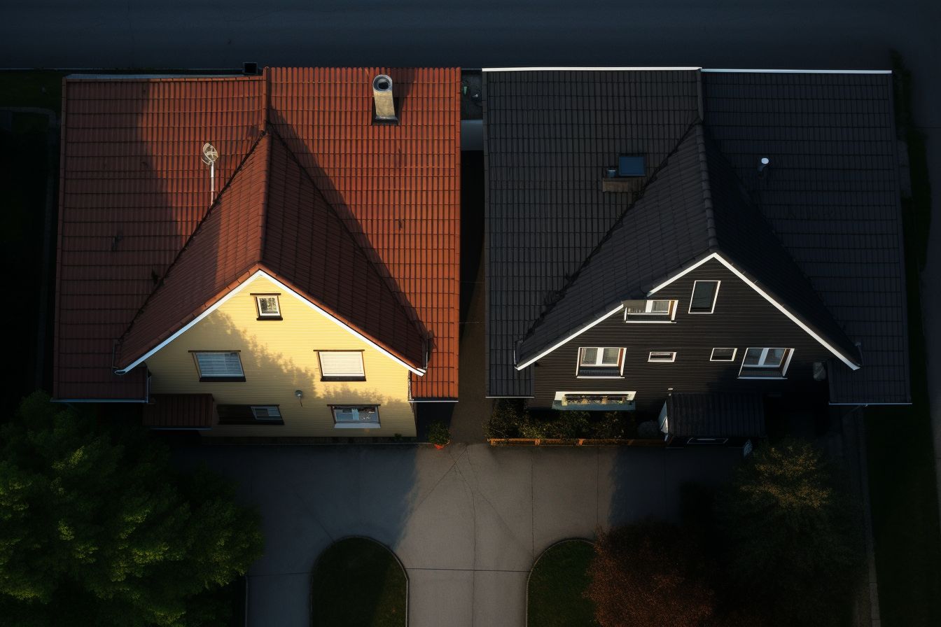 Contrasting roofs of a house show temperature difference inside.