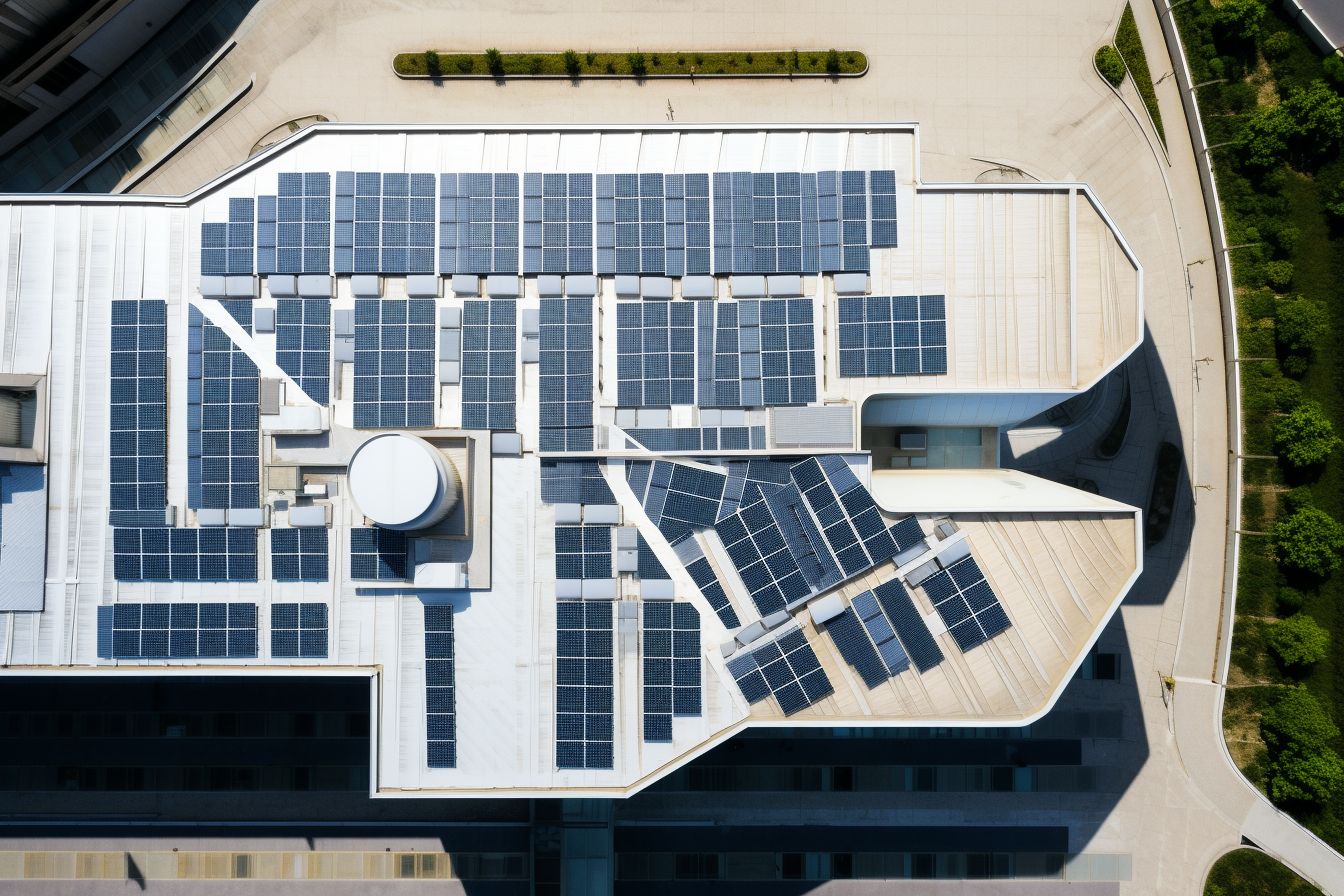 Aerial view of a modern rooftop with solar panels.