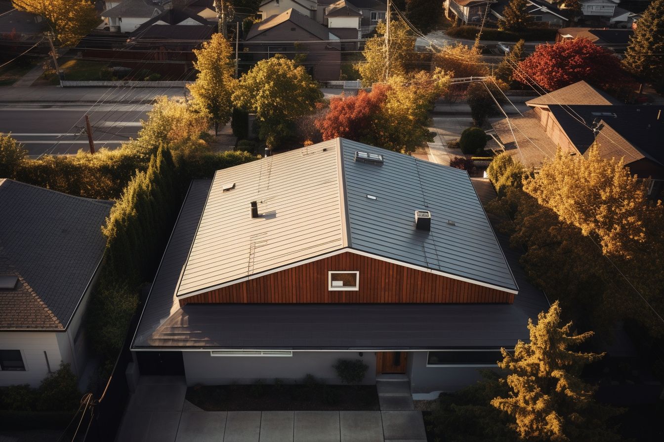 A modern house with a metal roof in a suburban neighborhood.