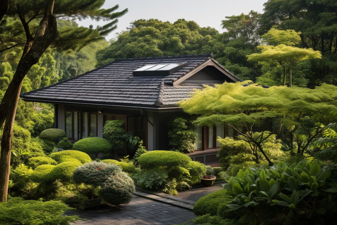 A residential house with a gorgeous asphalt shingle roof and greenery.