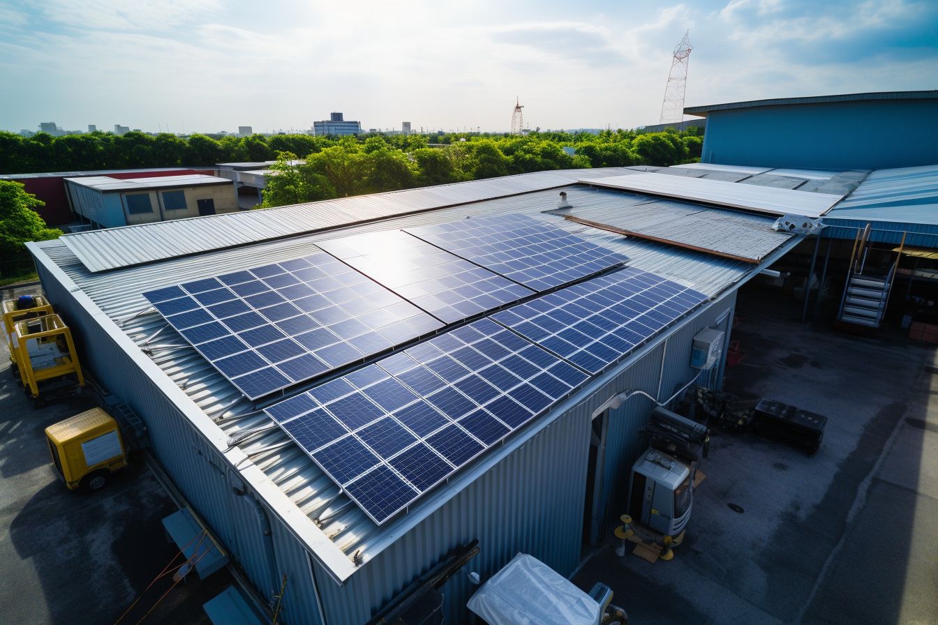 Diverse professionals installing solar panels on a rooftop captured by drone.