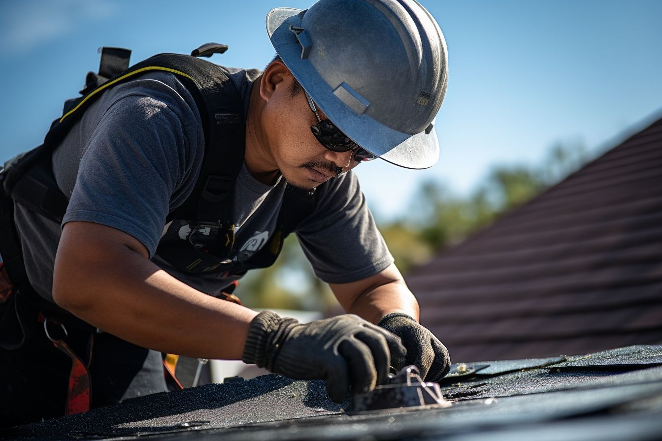 Construction worker installing asphalt shingles on a roof.