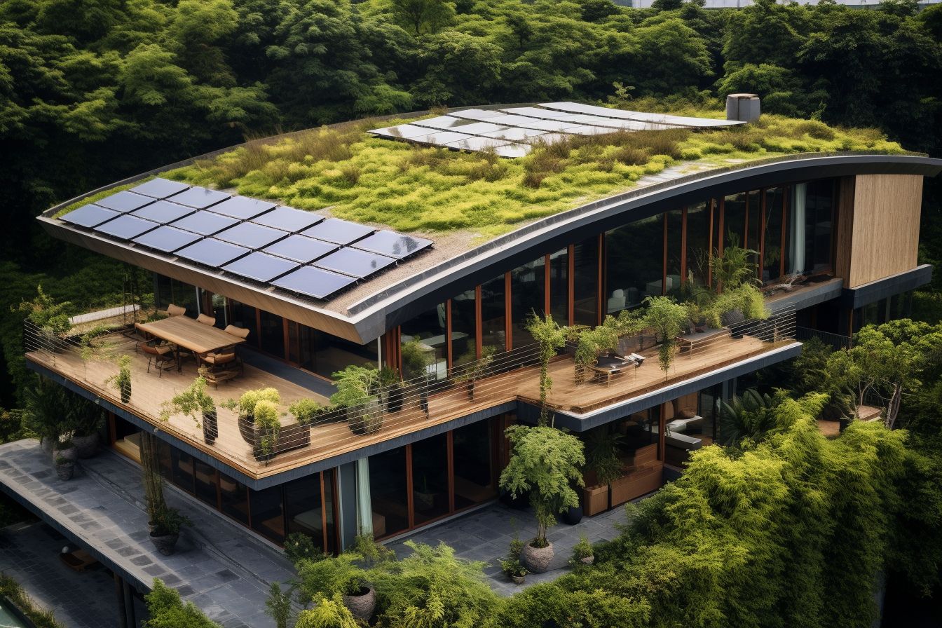 Aerial shot of an eco-friendly house with a recycled roof.
