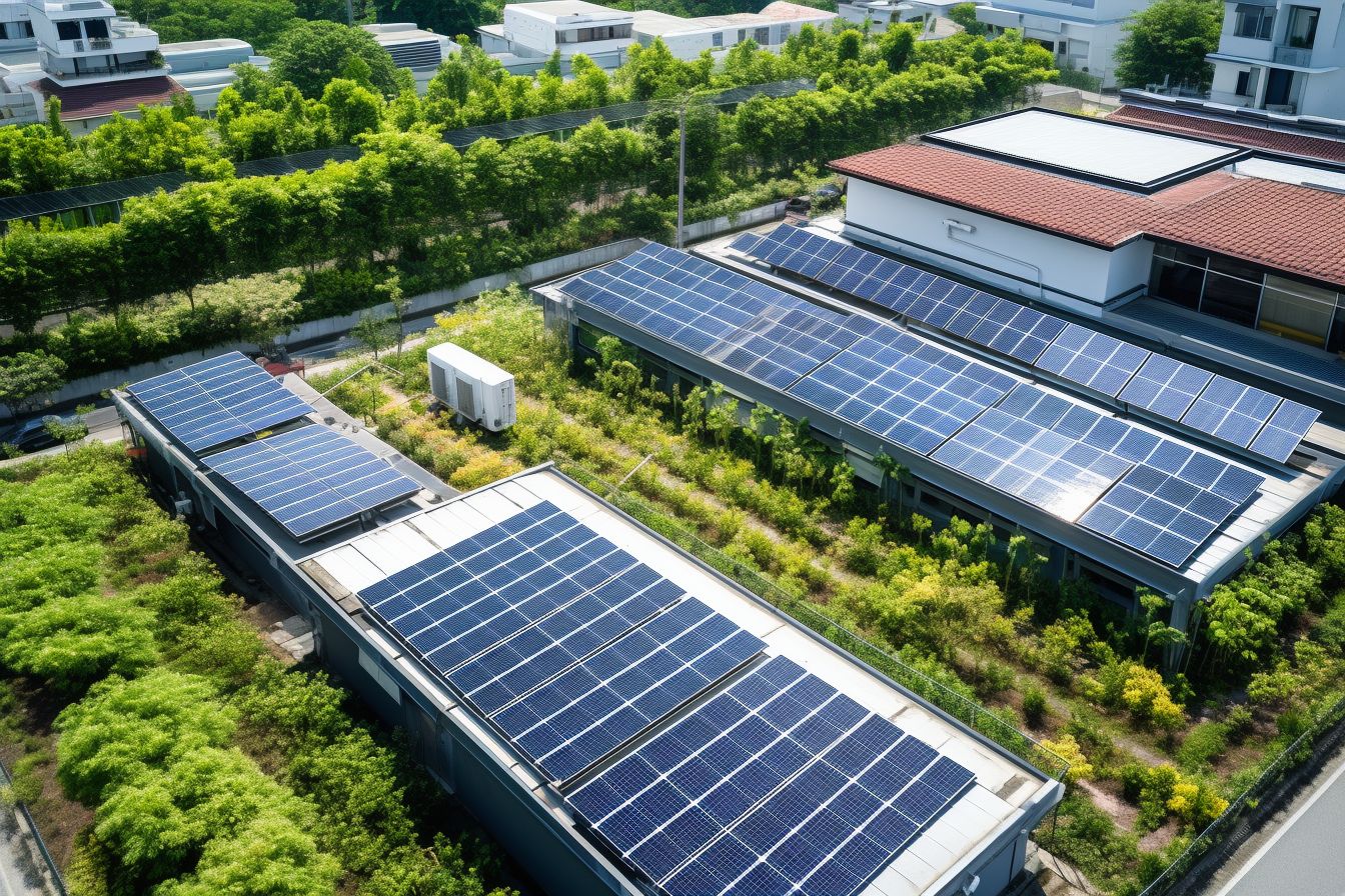 A rooftop covered with solar panels, captured from above.