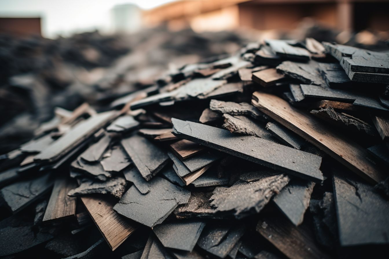 A close-up photo of a pile of recycled shingles at a recycling facility.