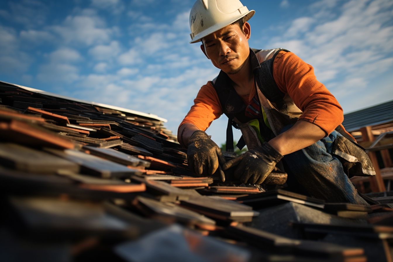 A construction worker installing recycled roofing shingles showcases sustainability.
