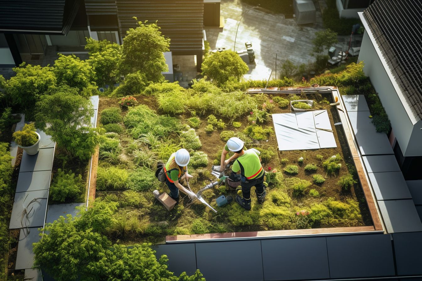 Modern roofers working on a sustainable green roof installation.