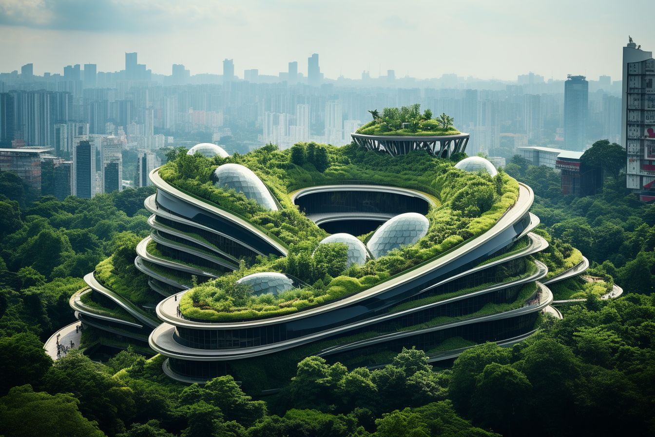 A futuristic eco-friendly building with a green roof in a city.