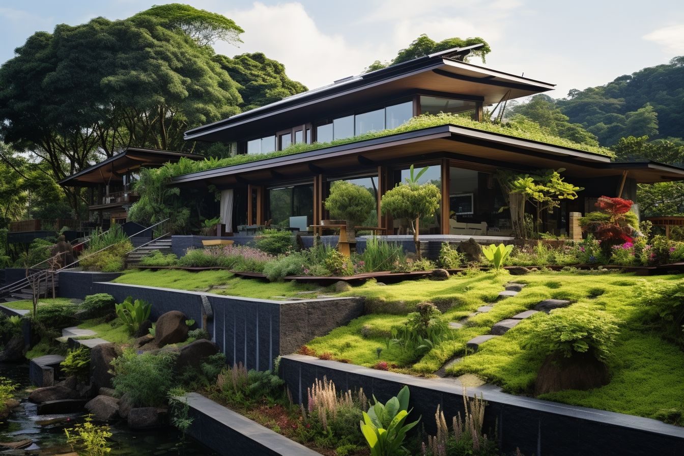 Modern house with sustainable metal roof and green garden in nature.