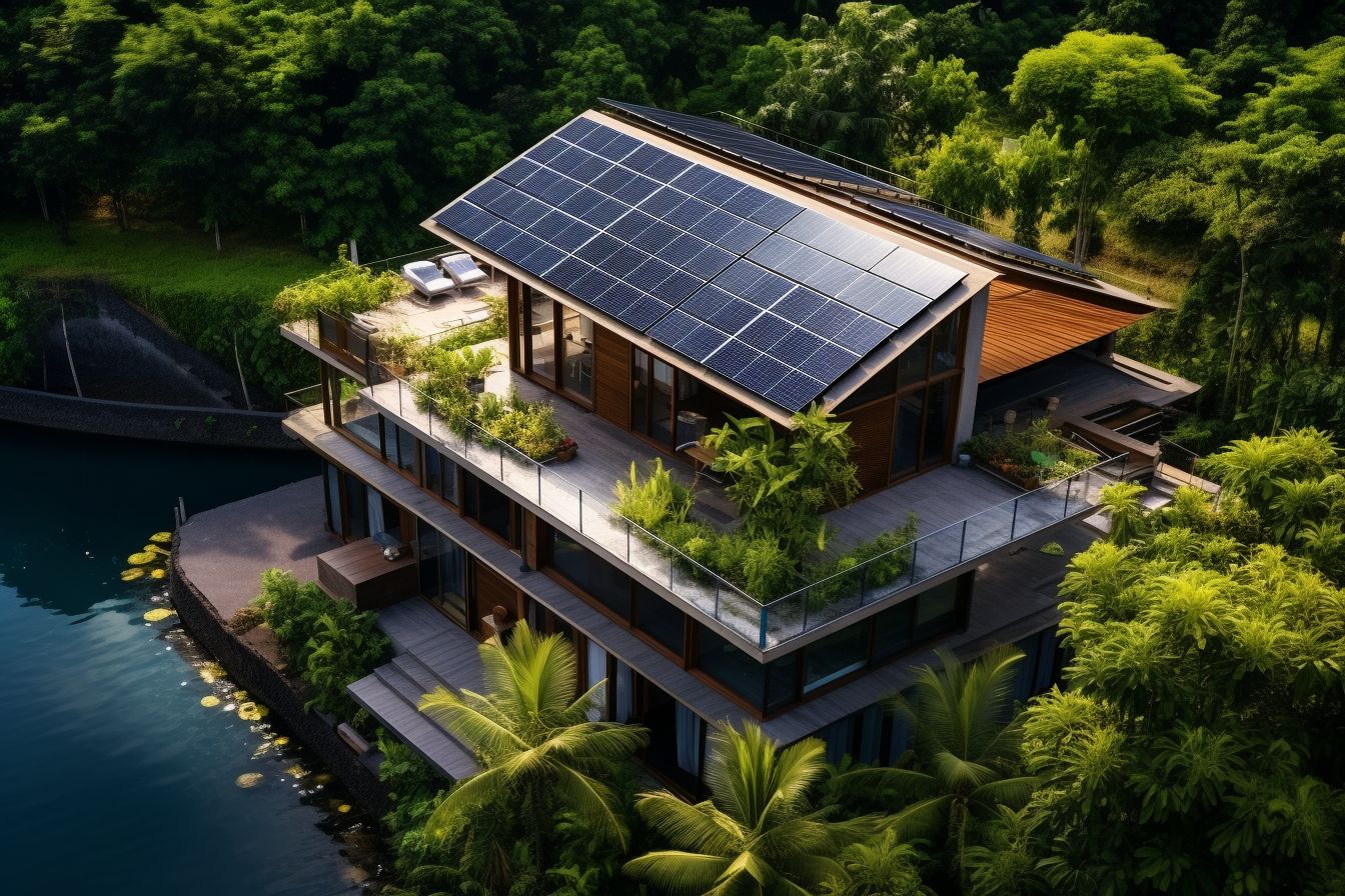 Aerial view of a modern eco-friendly house with green roof and <a href=