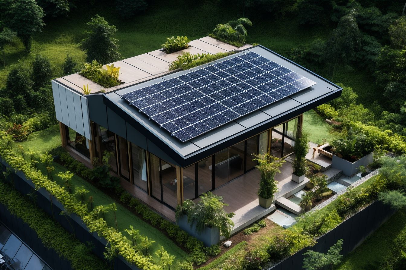 A modern house with solar panels in a green landscape.