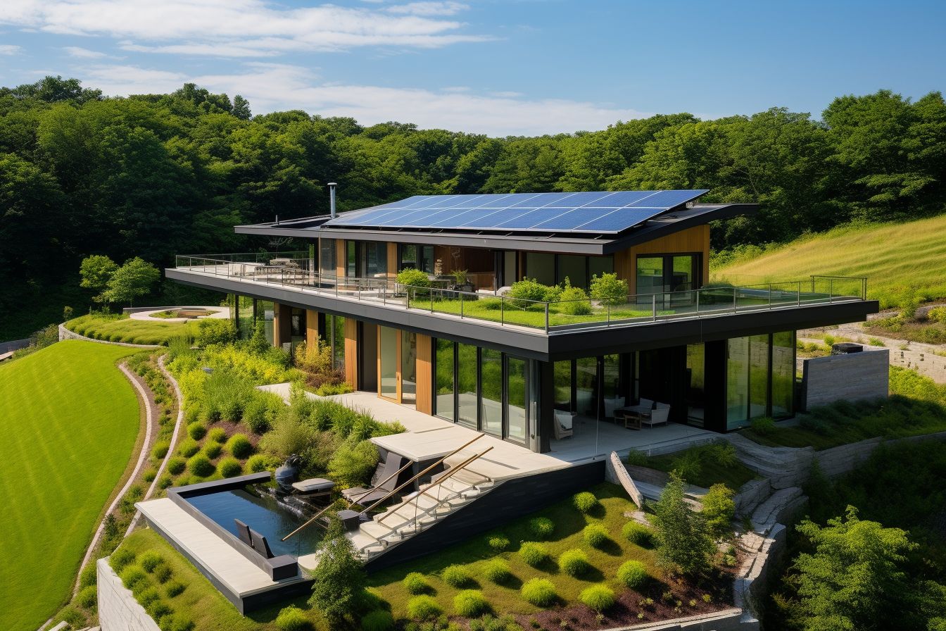 Aerial photo of a modern, energy-efficient home in a green landscape.