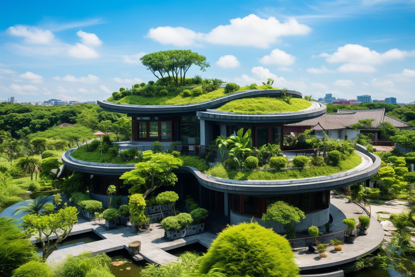 A residential building with a cool roof in a sunny, green environment.
