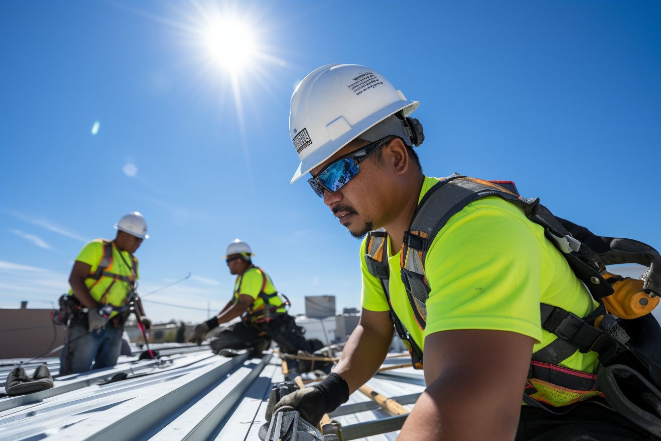 A team of East Asian roofers installing an Energy Star roof.