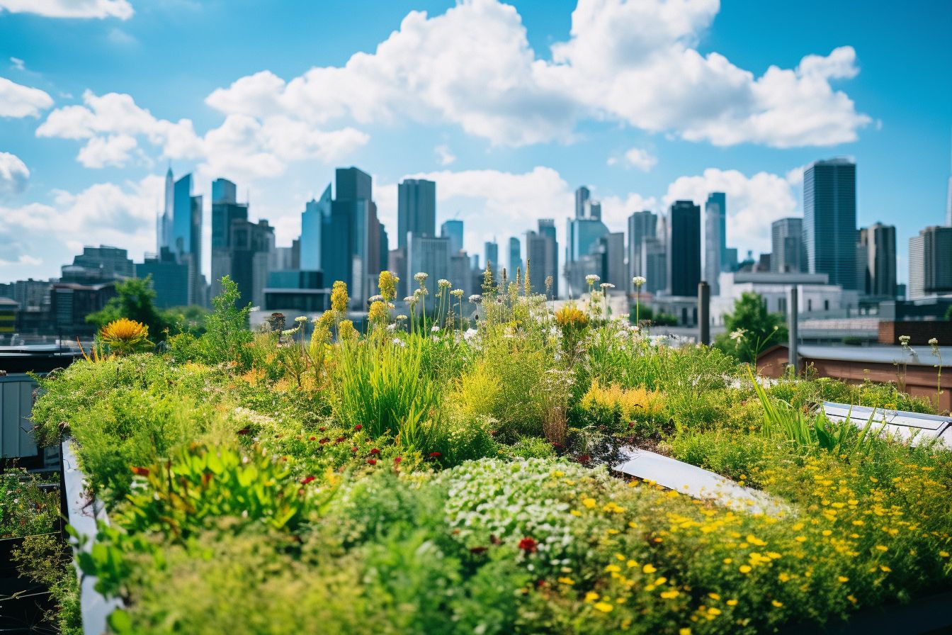 A green roof covered in vegetation with a city skyline backdrop. A green roof covered in vegetation with a city skyline backdrop.
