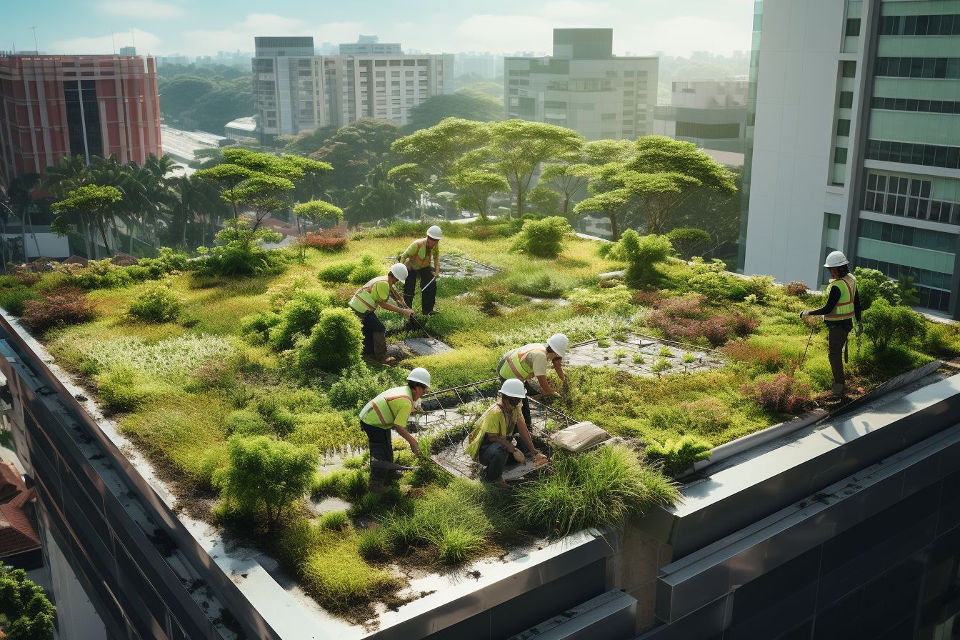 Construction workers installing a living roof on a building. Construction workers installing a living roof on a building.