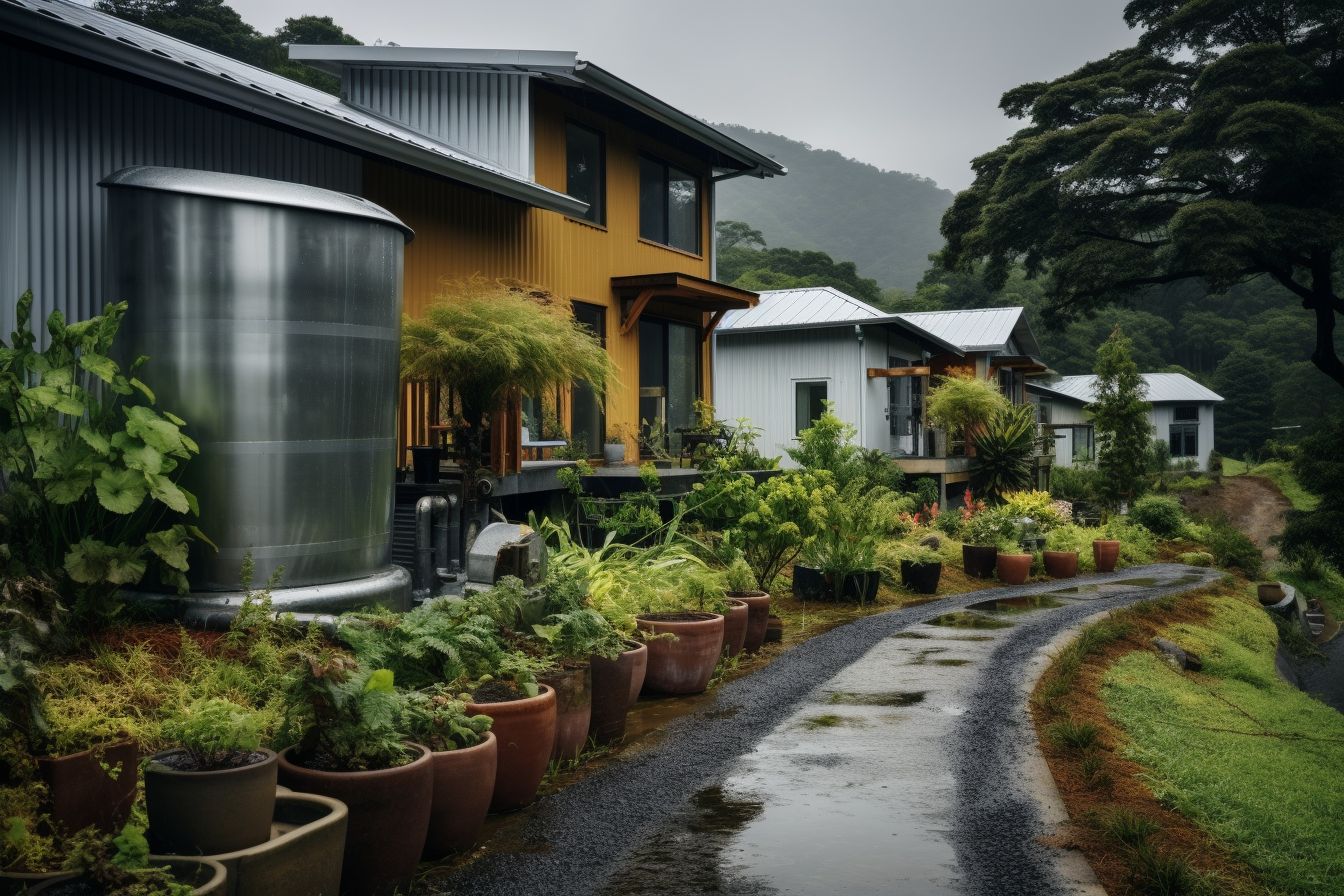 A modern house with a sloped metal roof and rain barrels attached. A modern house with a sloped metal roof and rain barrels attached.