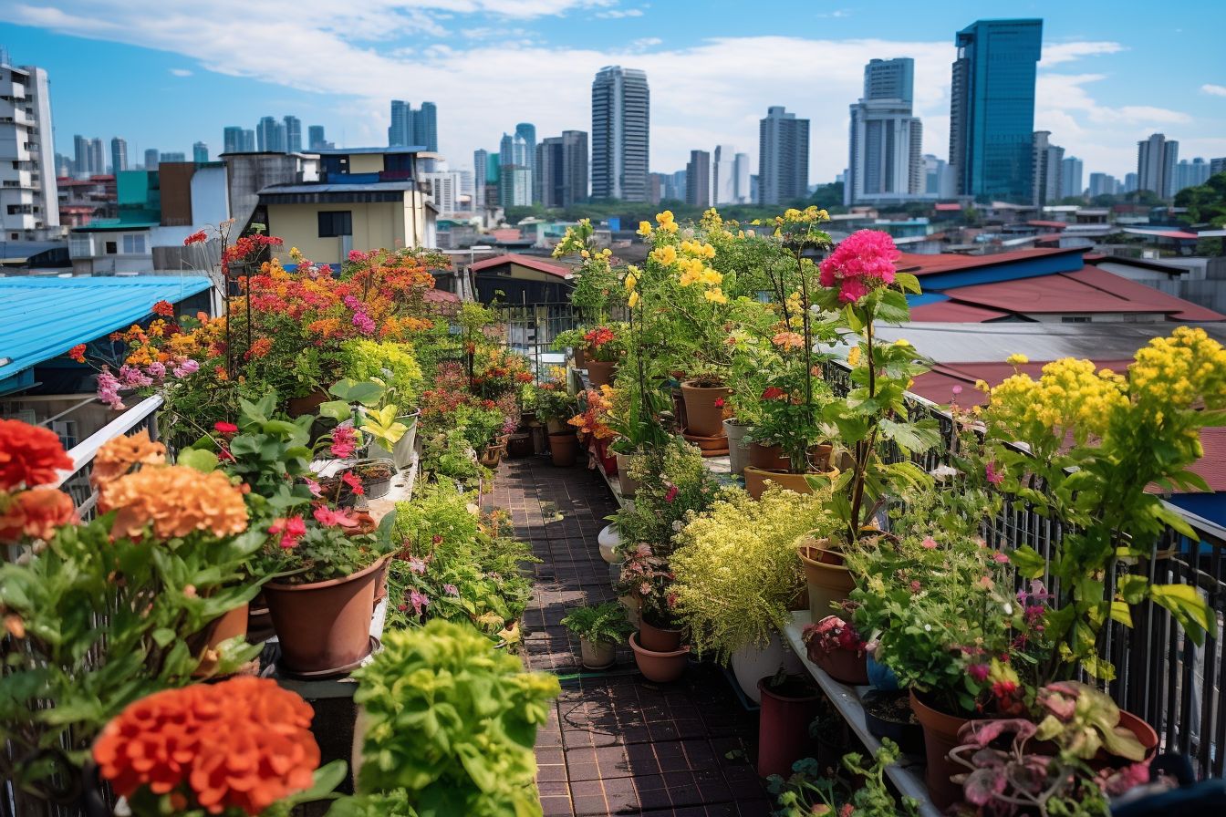 A rooftop garden with diverse colorful plants and flowers in East Asia. A rooftop garden with diverse colorful plants and flowers in East Asia.