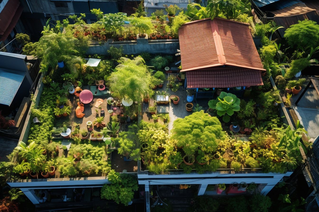Aerial photo of a rooftop garden with lush plants and trees. Aerial photo of a rooftop garden with lush plants and trees.