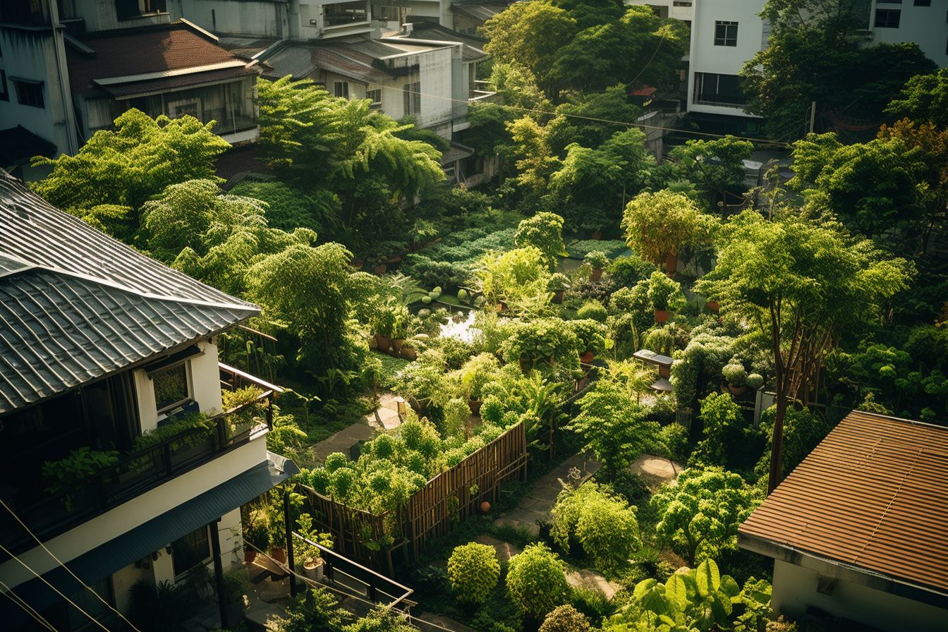 Aerial photo of a rooftop garden with lush plants and trees. Aerial photo of a rooftop garden with lush plants and trees.