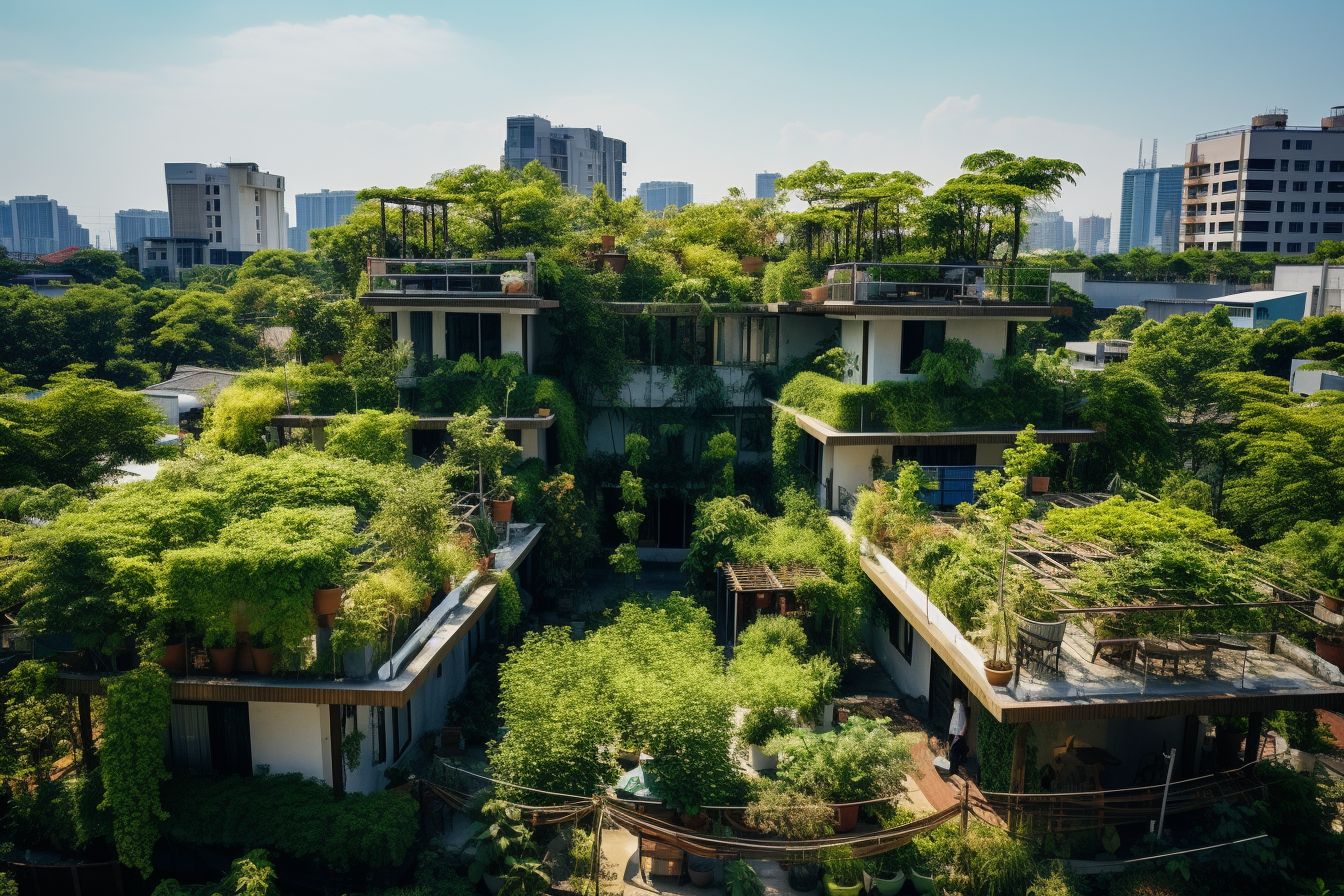 Aerial photo of a rooftop garden with lush plants and trees. Aerial photo of a rooftop garden with lush plants and trees.