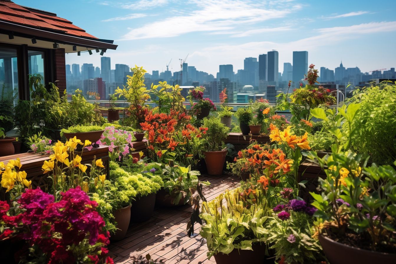 A colorful rooftop garden with vibrant flowers and foliage. A colorful rooftop garden with vibrant flowers and foliage.