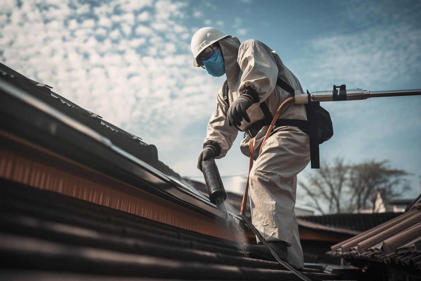 Person cleaning gutters while wearing protective gear on a ladder. Person cleaning gutters while wearing protective gear on a ladder.