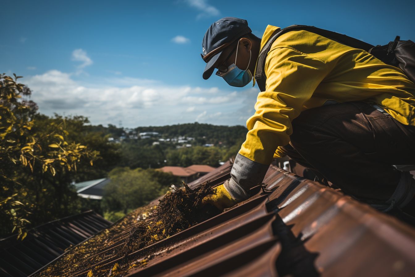 An East Asian person uses a gutter cleaning tool wearing gloves. An East Asian person uses a gutter cleaning tool wearing gloves.
