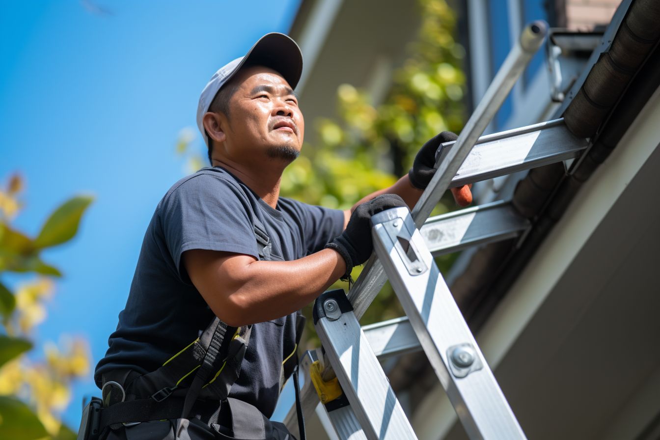A East Asian professional cleaning gutters on a sunny day. A East Asian professional cleaning gutters on a sunny day.