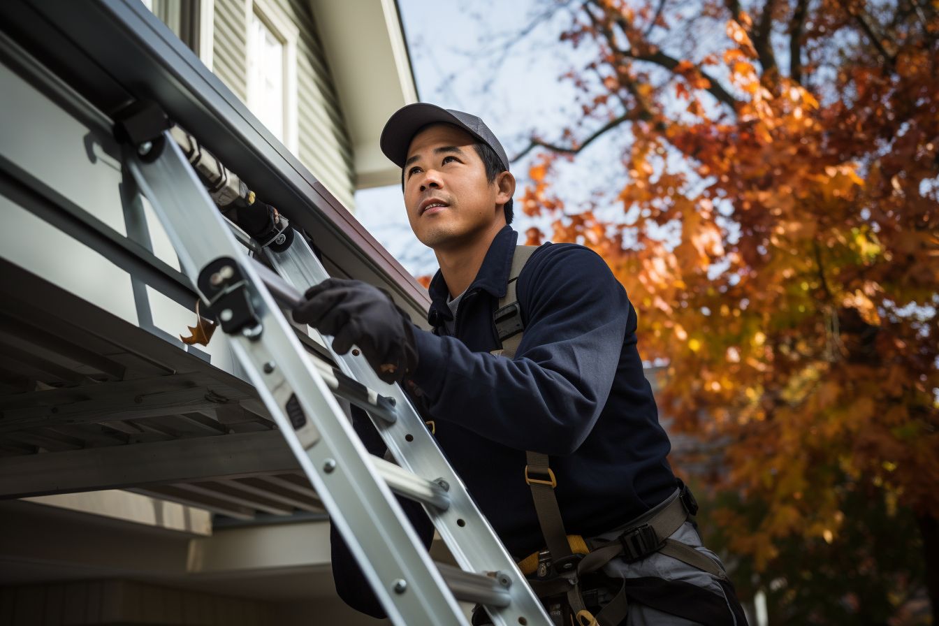 An East Asian man installs gutter guards on a ladder. An East Asian man installs gutter guards on a ladder.