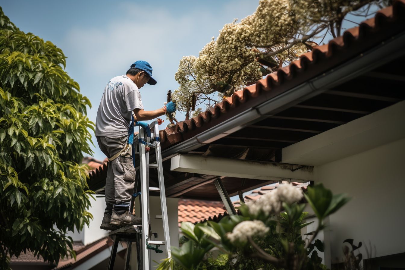 Person of East Asian ethnicity using ladder to clean gutters. Person of East Asian ethnicity using ladder to clean gutters.