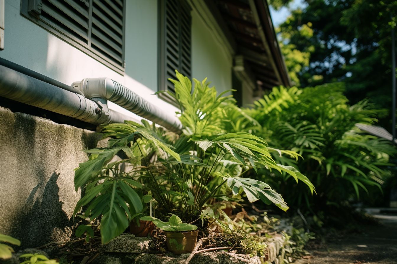 A secure downspout attached to a house surrounded by green plants. A secure downspout attached to a house surrounded by green plants.