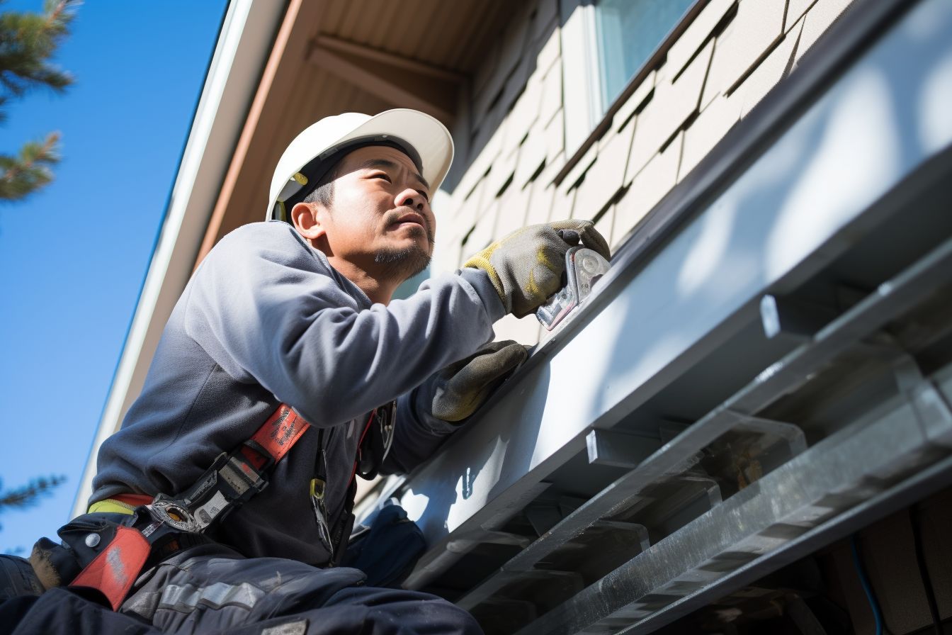 A worker installing a downspout on a house exterior. A worker installing a downspout on a house exterior.