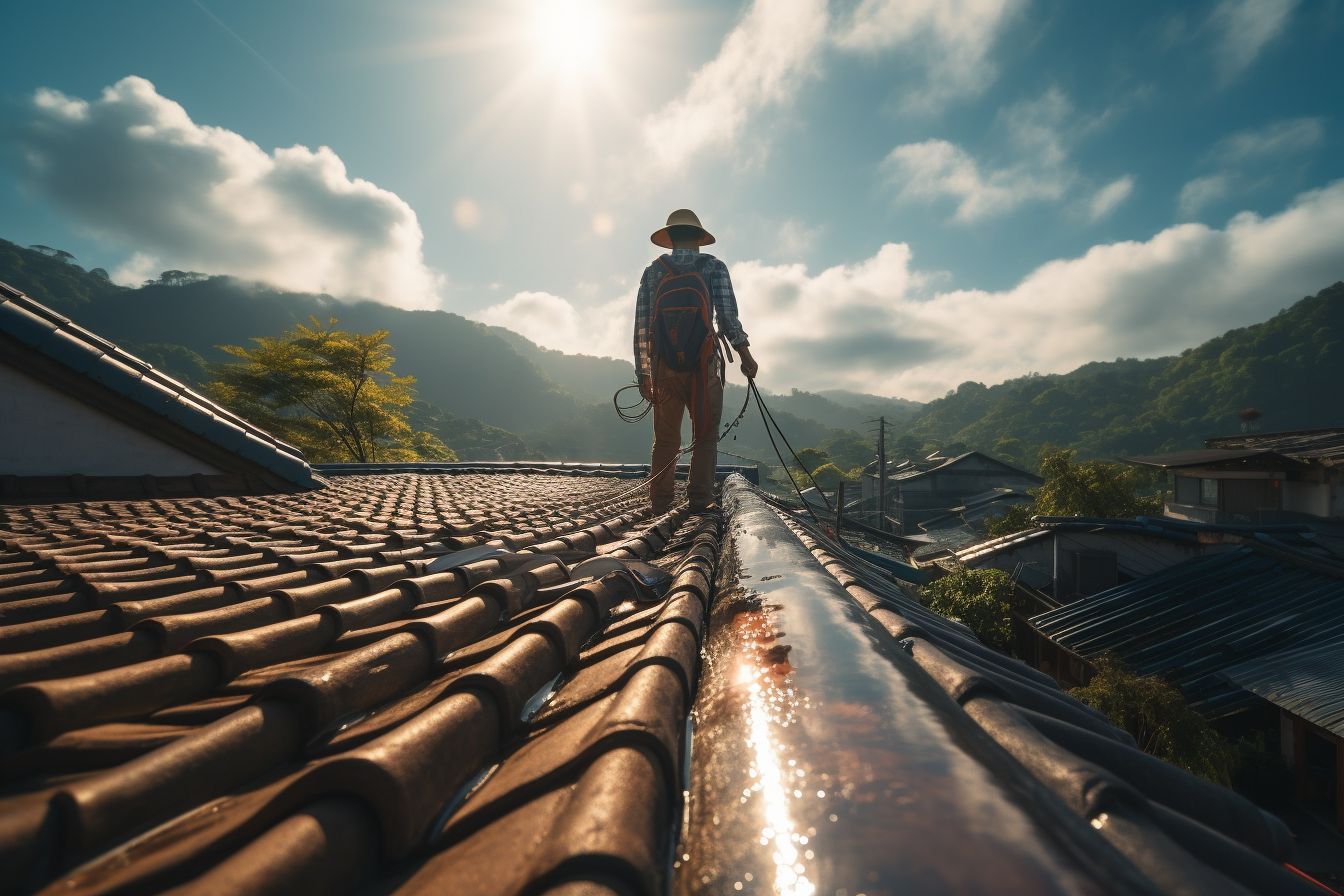 A person of East Asian ethnicity cleaning gutters on a sunny day. A person of East Asian ethnicity cleaning gutters on a sunny day.