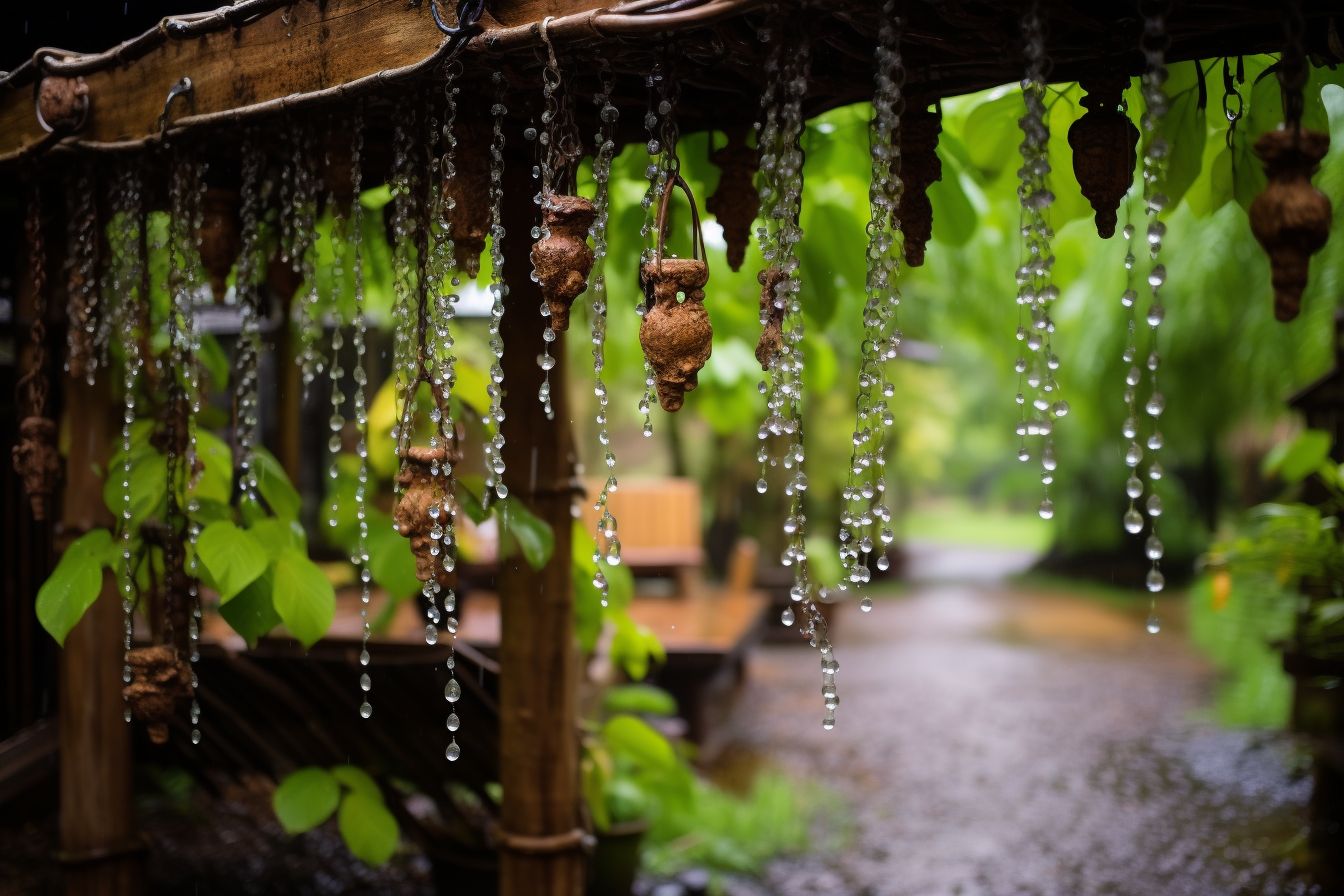 Rain chains hang from a wooden trellis in a lush garden.