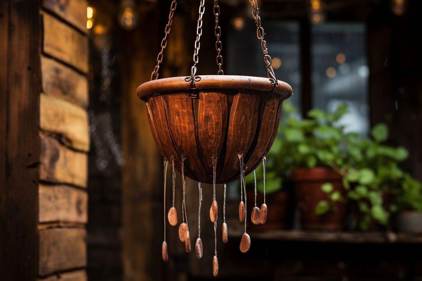 Close-up photo of rain chain hanging against rustic brick background.