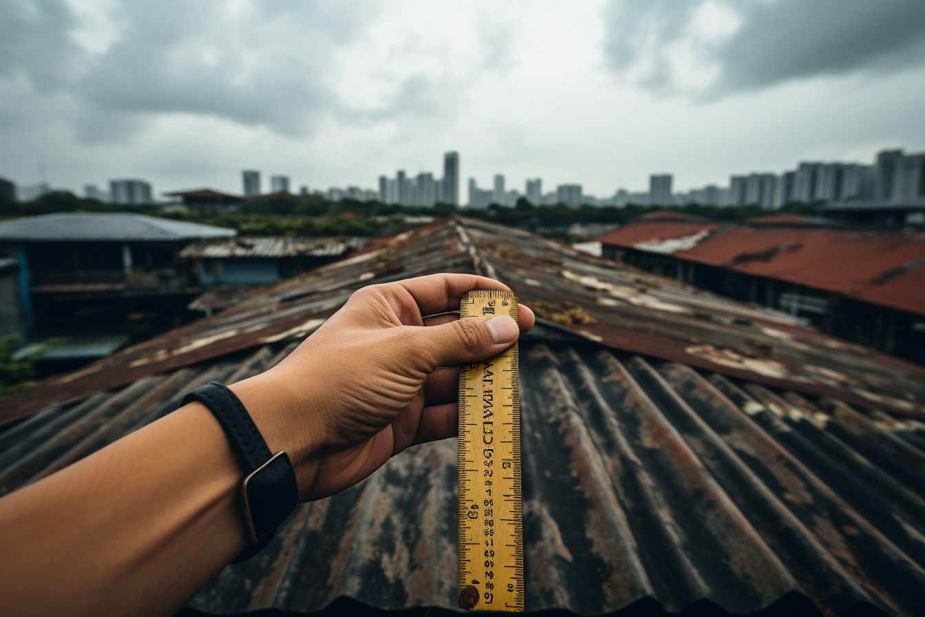 Close-up of hand measuring roof with wide-angle lens, East Asian ethnicity.