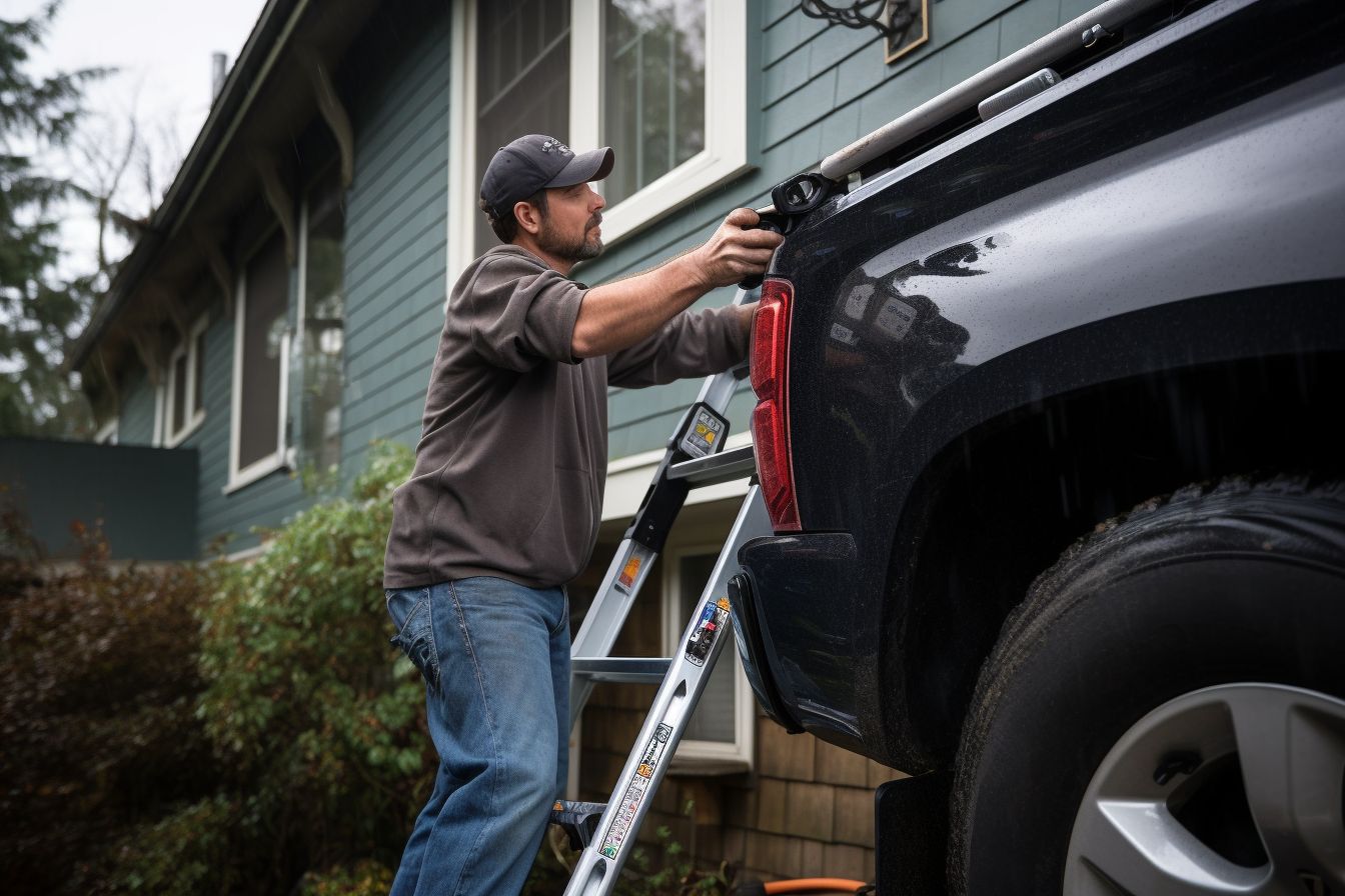 A person of East Asian ethnicity installs a rain chain on a house gutter.