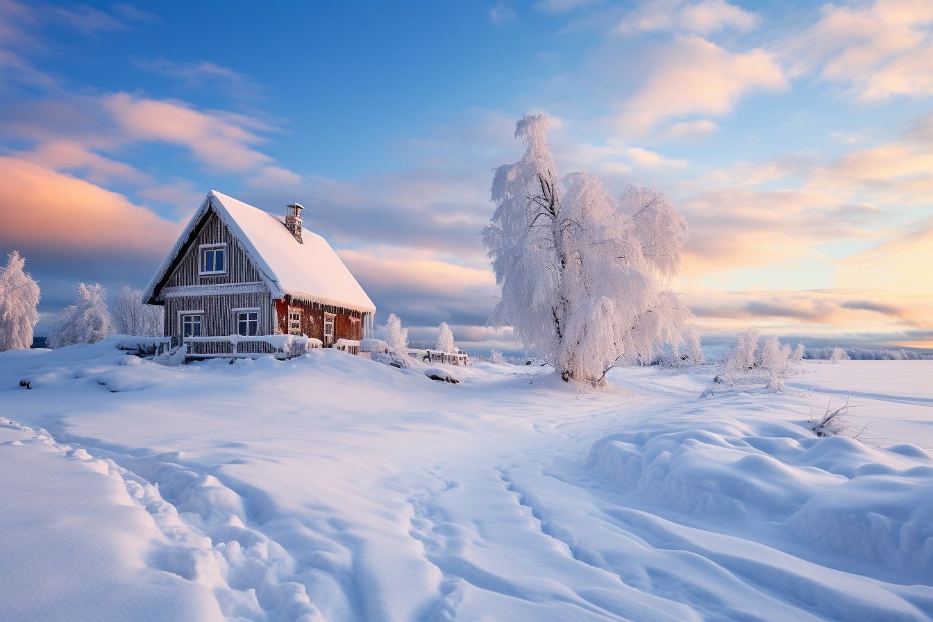 A snowy landscape with a cozy house in the background. A snowy landscape with a cozy house in the background.