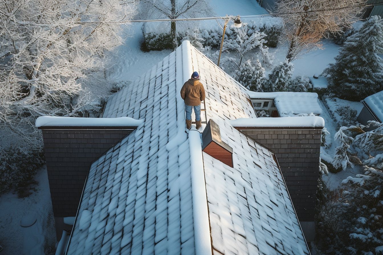 A Caucasian roofer inspecting a snowy roof with a ladder. A Caucasian roofer inspecting a snowy roof with a ladder.