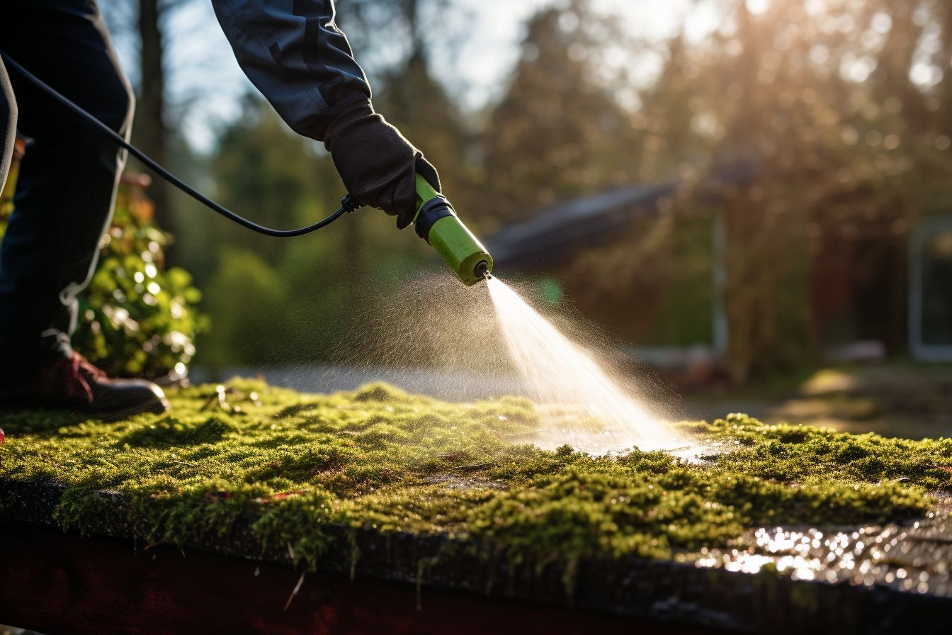 Person using garden hose to remove roof moss with cleaning kit. Person using garden hose to remove roof moss with cleaning kit.