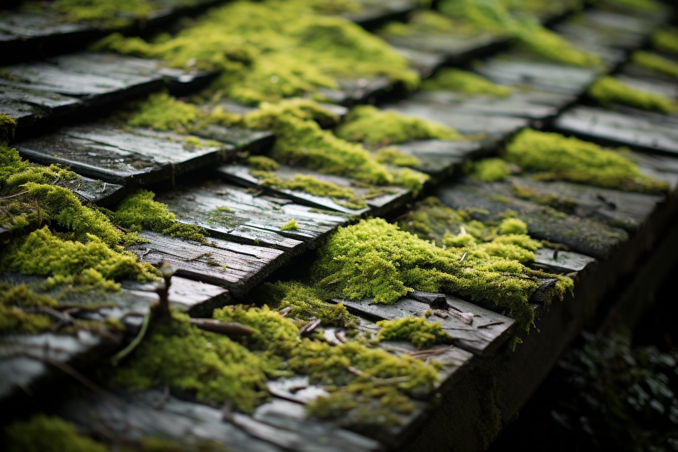 A close-up photo of moss-covered shingles on a roof. A close-up photo of moss-covered shingles on a roof.