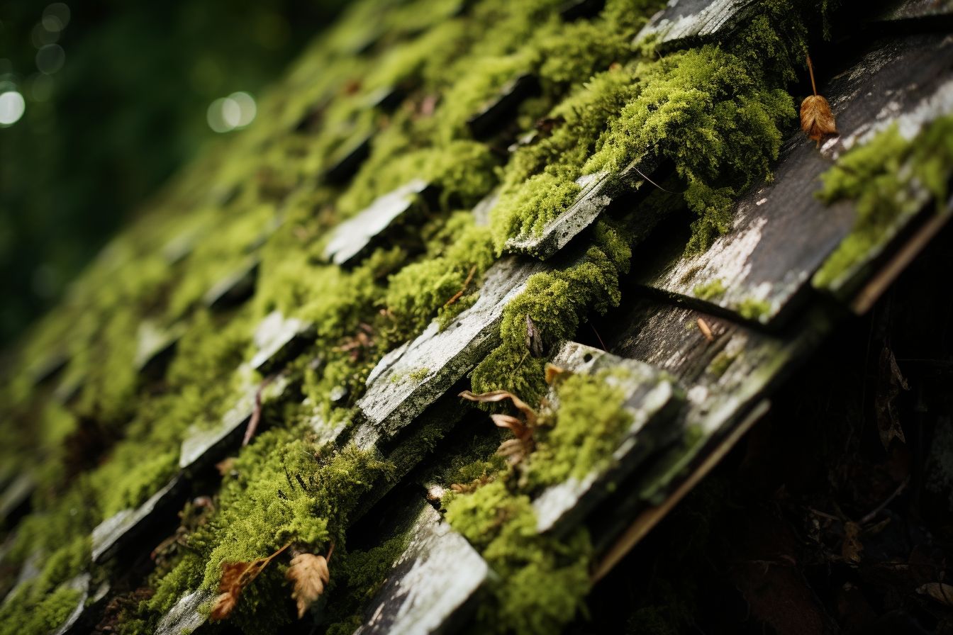 A close-up photo of moss-covered damaged roof shingles. A close-up photo of moss-covered damaged roof shingles.