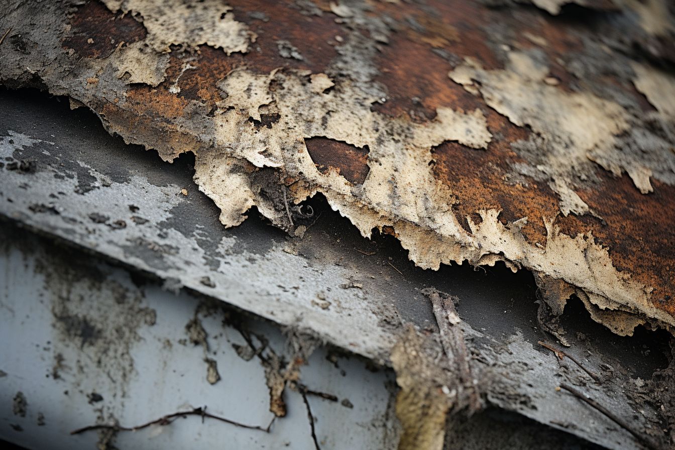 A deteriorated roof with mold and fungus growth captured in a wide-angle photo. A deteriorated roof with mold and fungus growth captured in a wide-angle photo.