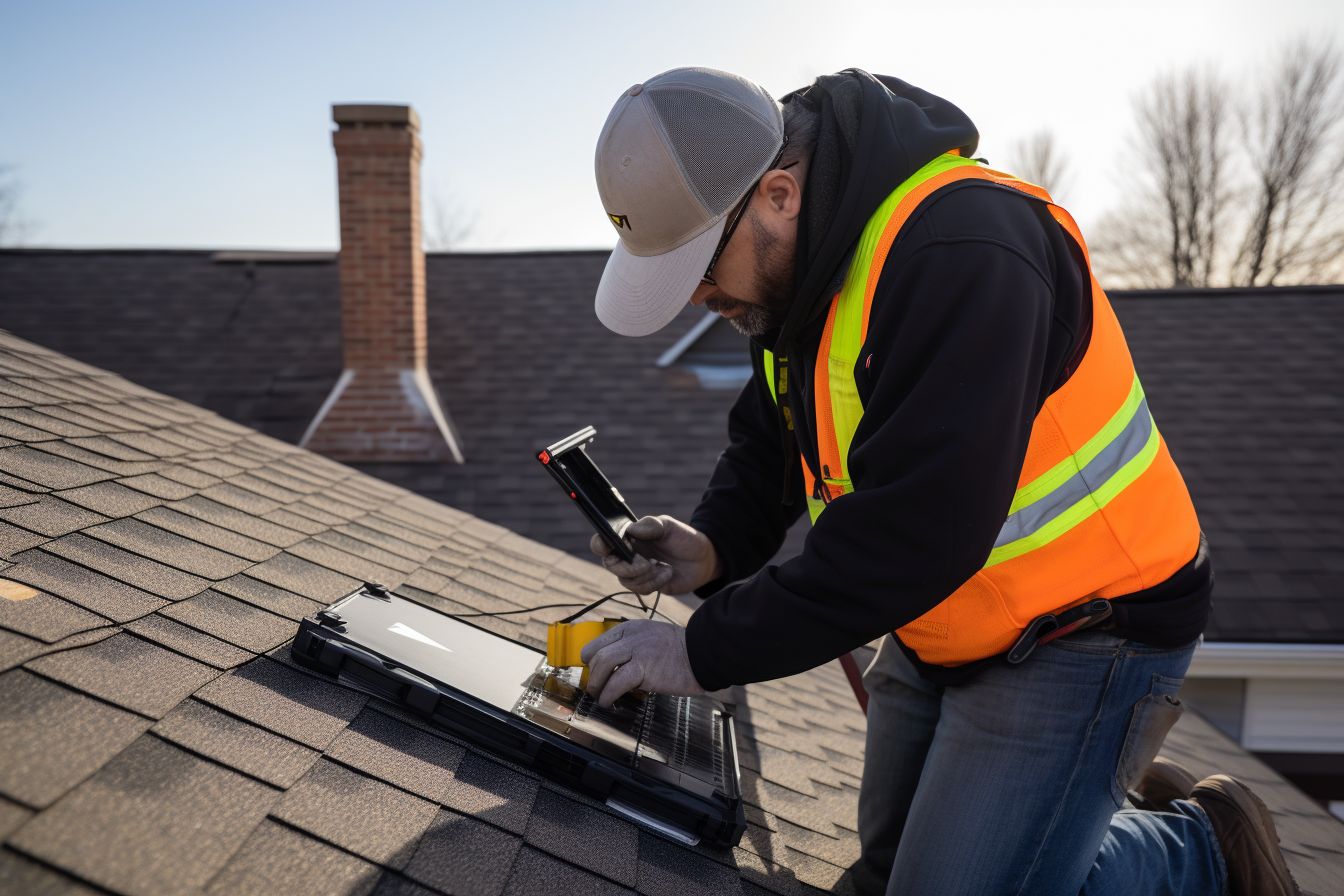 Professional roofer inspecting well-ventilated attic with proper insulation using DSLR camera. Professional roofer inspecting well-ventilated attic with proper insulation using DSLR camera.